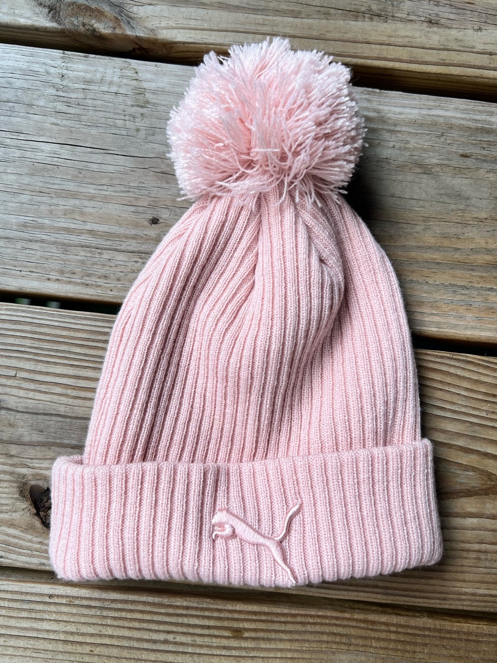 Puma Light Pink Pom-Pom Ribbed Beanie Cuffed Winter Hat
